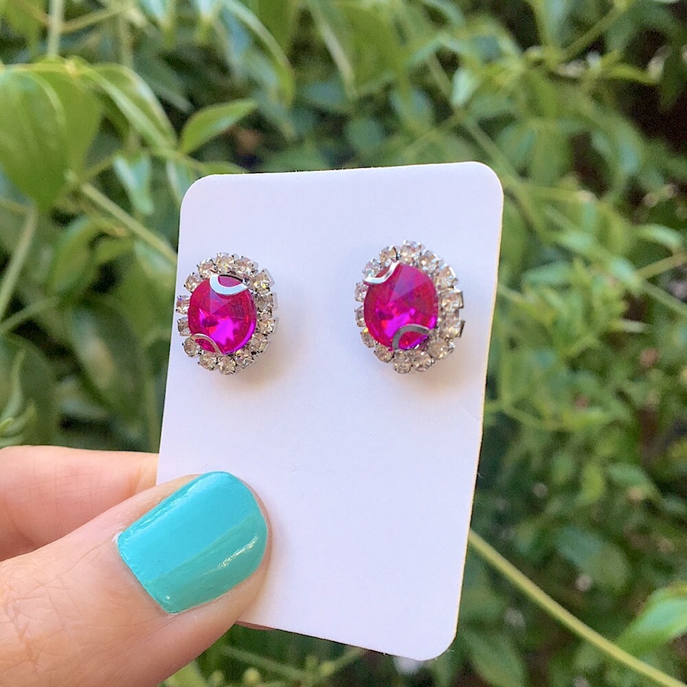 Fuchsia Hot Pink Rivoli + Silver Crystal Halo Stud Earrings - Picture 3 of 9